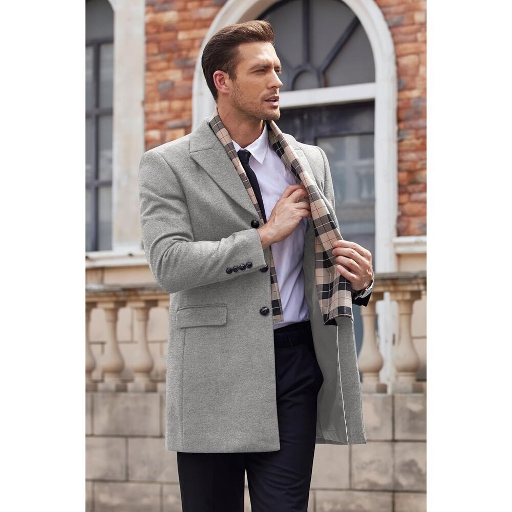 Men's Wool Blend Coat Detachable Plaid Scarf Notched Collar Pea Coat Light Grey - Picture 2 of 6